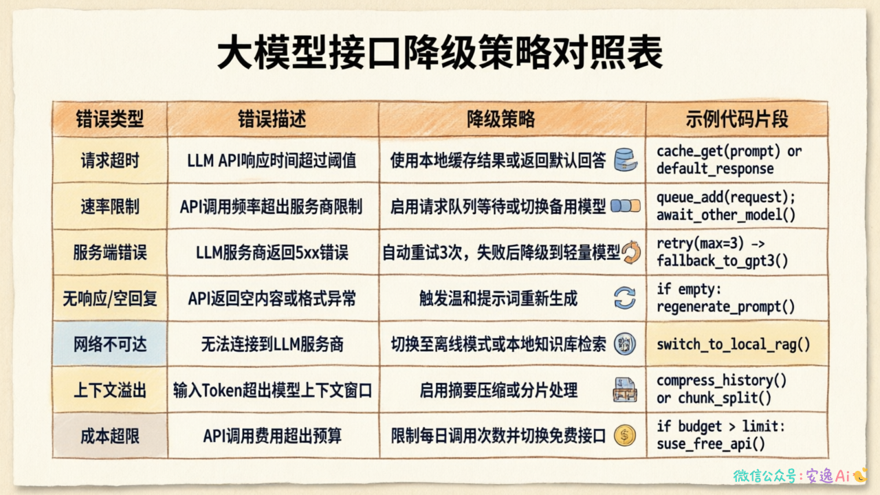 错误类型与降级策略对照表,展示7种错误类型的fallback方案