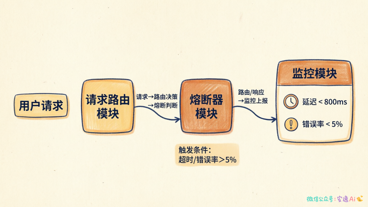 LLM Gateway 降级架构图,展示请求路由、熔断器、监控模块的关系