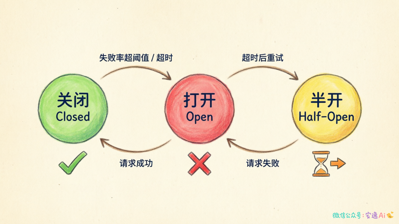 熔断器三状态转换图:关闭→打开→半开的状态流转