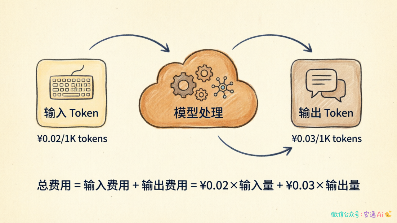 AI 调用成本拆解图:展示输入 Token + 模型处理 + 输出 Token 的计费流程