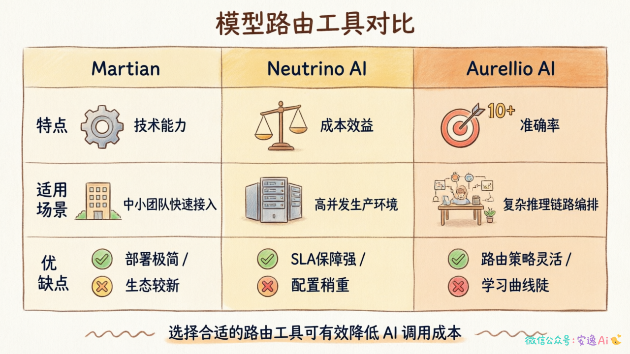 模型路由工具对比表:展示 Martian、Neutrino AI、Aurelio AI 的特点和适用场景