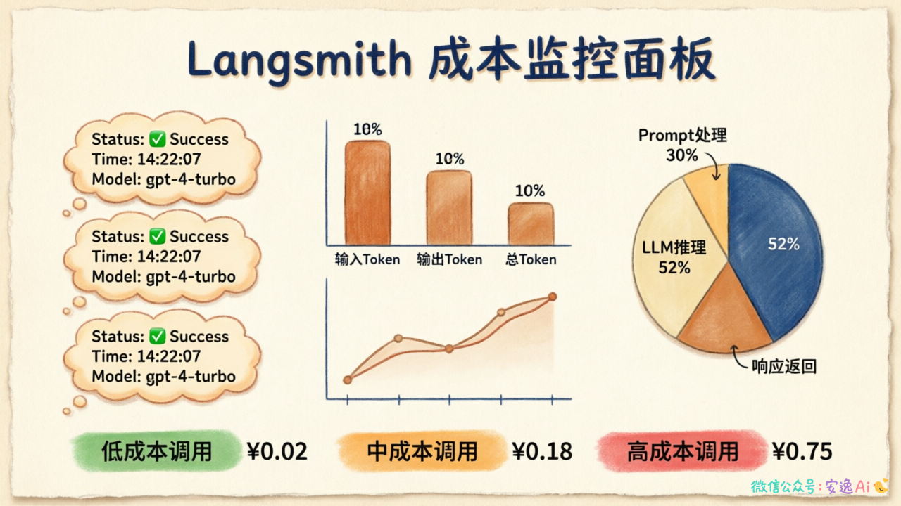 LangSmith 成本监控面板示意图:展示调用日志、Token 统计、耗时分析