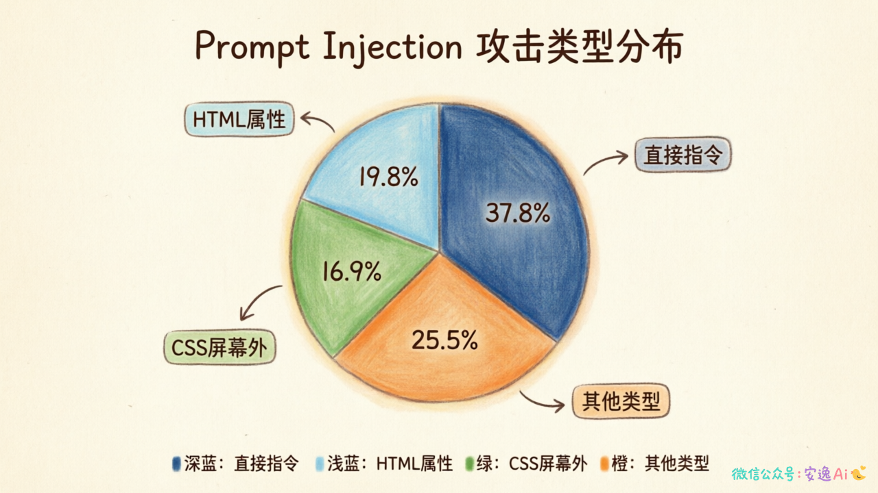 隐藏攻击类型分布饼图,展示直接指令37.8%、HTML属性19.8%、CSS屏幕外16.9%的占比