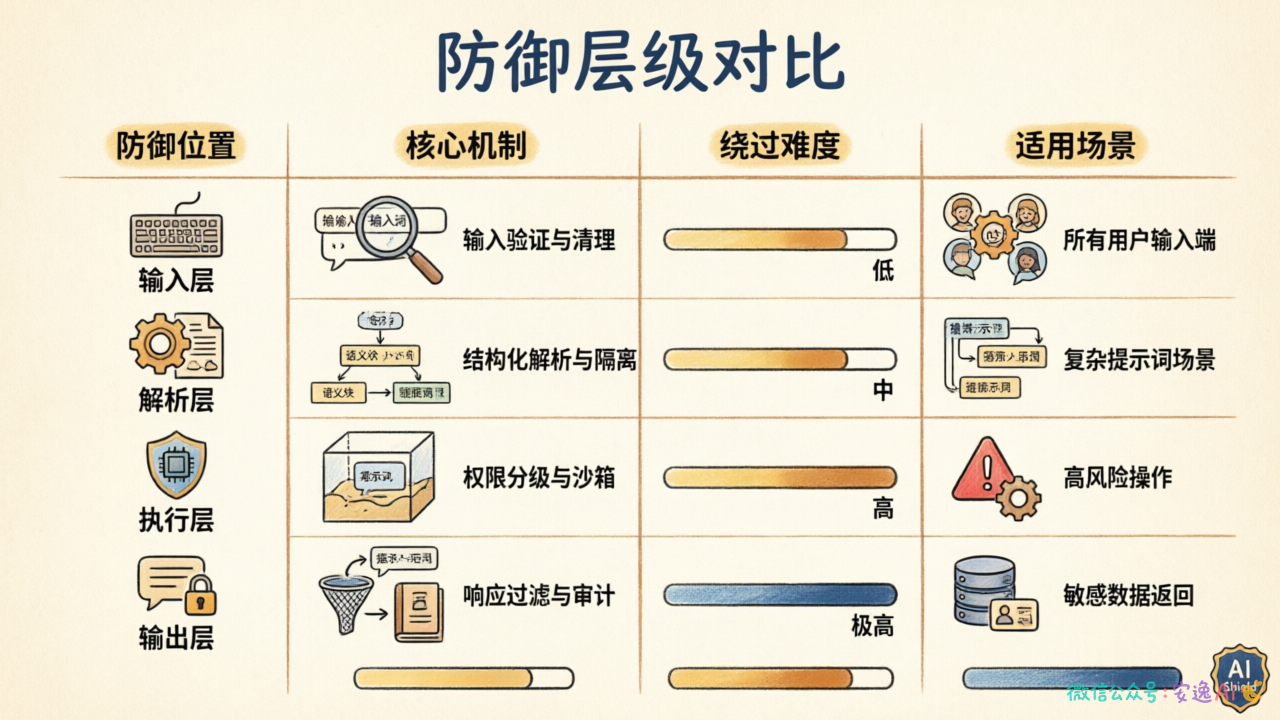 防御层级对比表格,展示各层防御位置、核心机制、绕过难度和适用场景