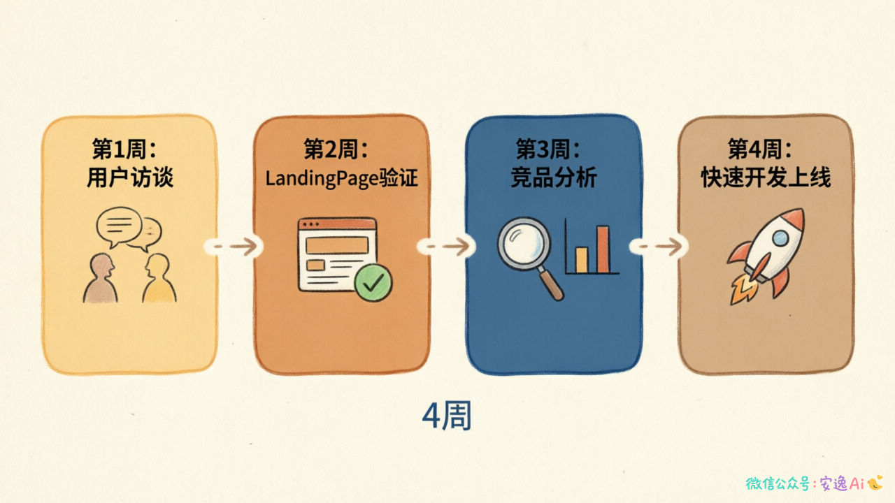 4周MVP执行时间线流程图,第1周用户访谈→第2周LandingPage验证→第3周竞品分析→第4周快速开发上线