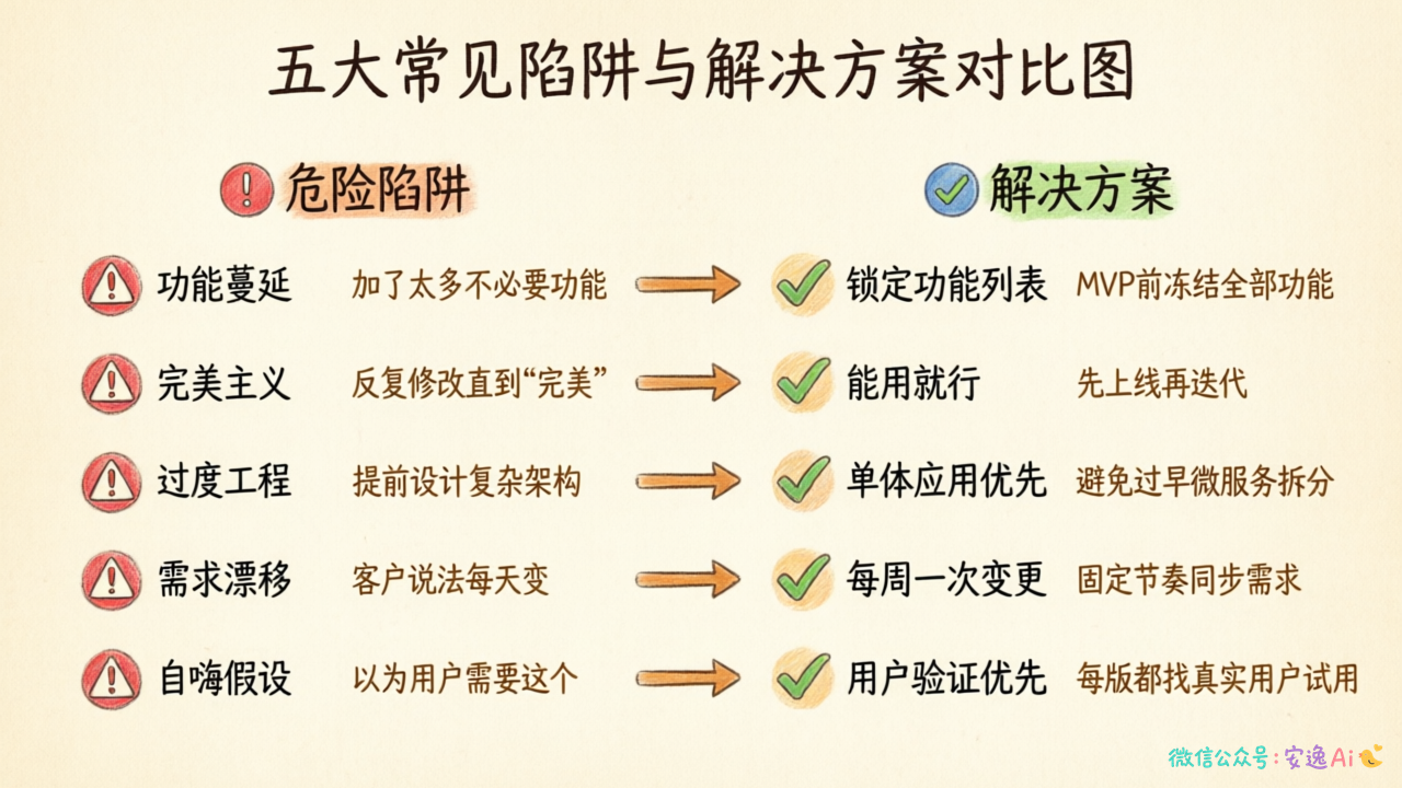 五大死亡陷阱与解决方案对比图,功能蔓延→锁定功能列表、完美主义→能用就行、过度工程→单体应用优先、需求漂移→每周一次变更、自嗨假设→用户验证优先