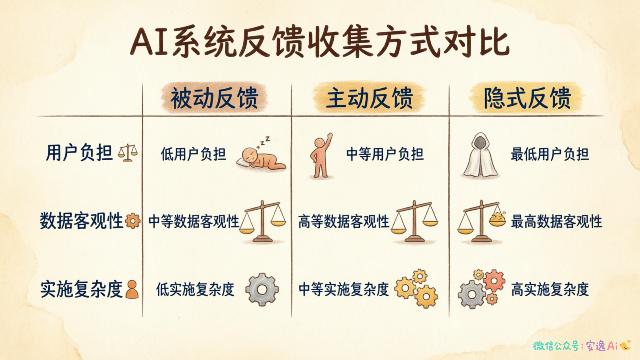 三种反馈收集方式对比表格——展示被动/主动/隐式在用户负担、数据客观性、实施复杂度上的差异
