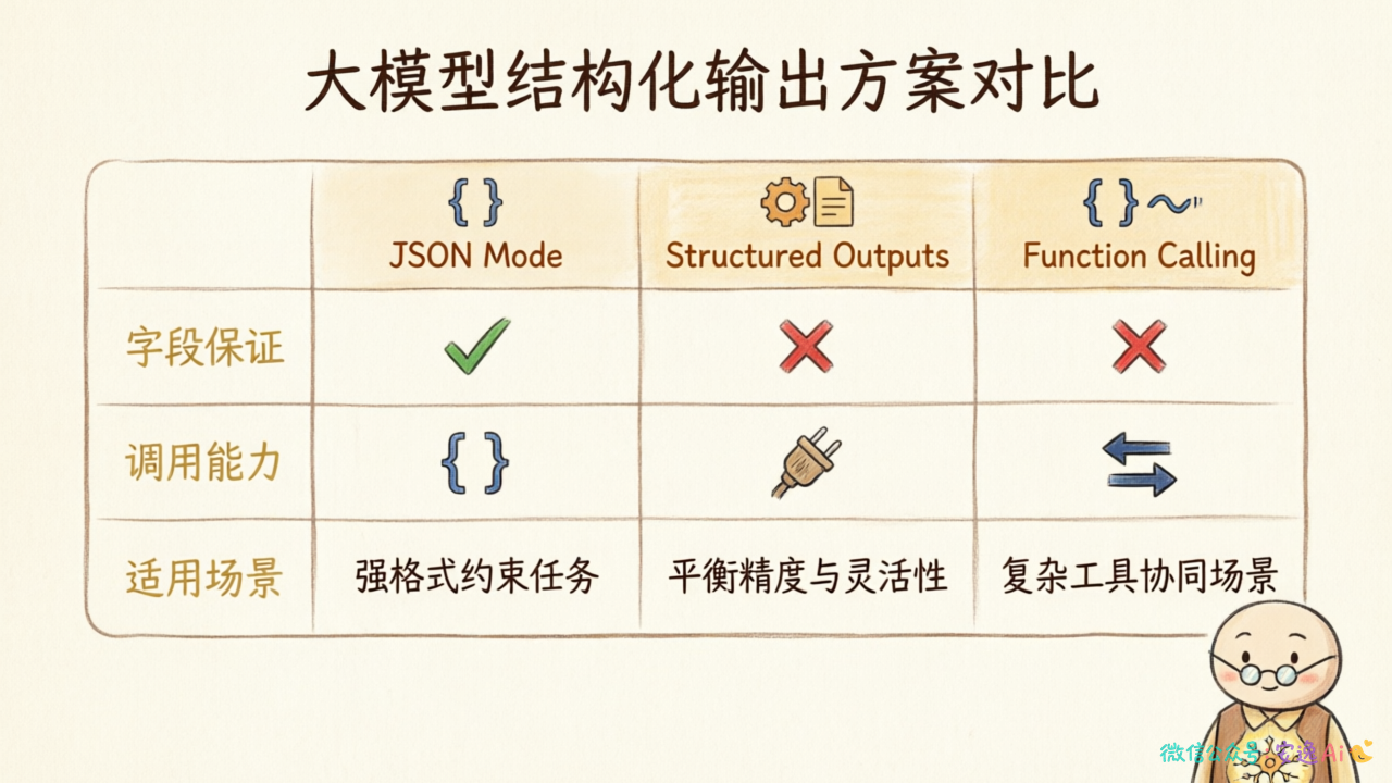 三种结构化输出方案对比表，横列对比 JSON Mode、Structured Outputs、Function Calling 在字段保证、调用能力、适用场景的差异