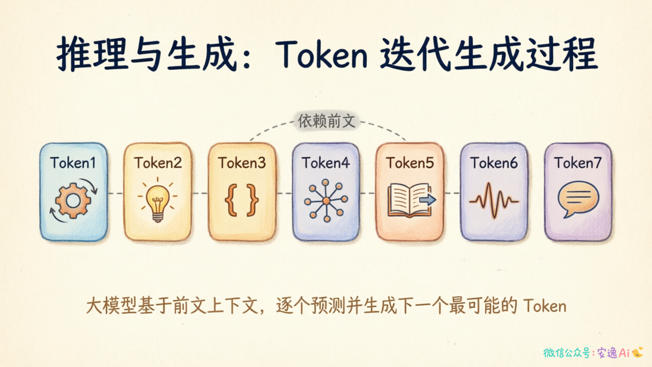 展示Token逐个生成的迭代过程,Token1→Token2→Token3...→Token7,每步标注"依赖前文"的箭头连接