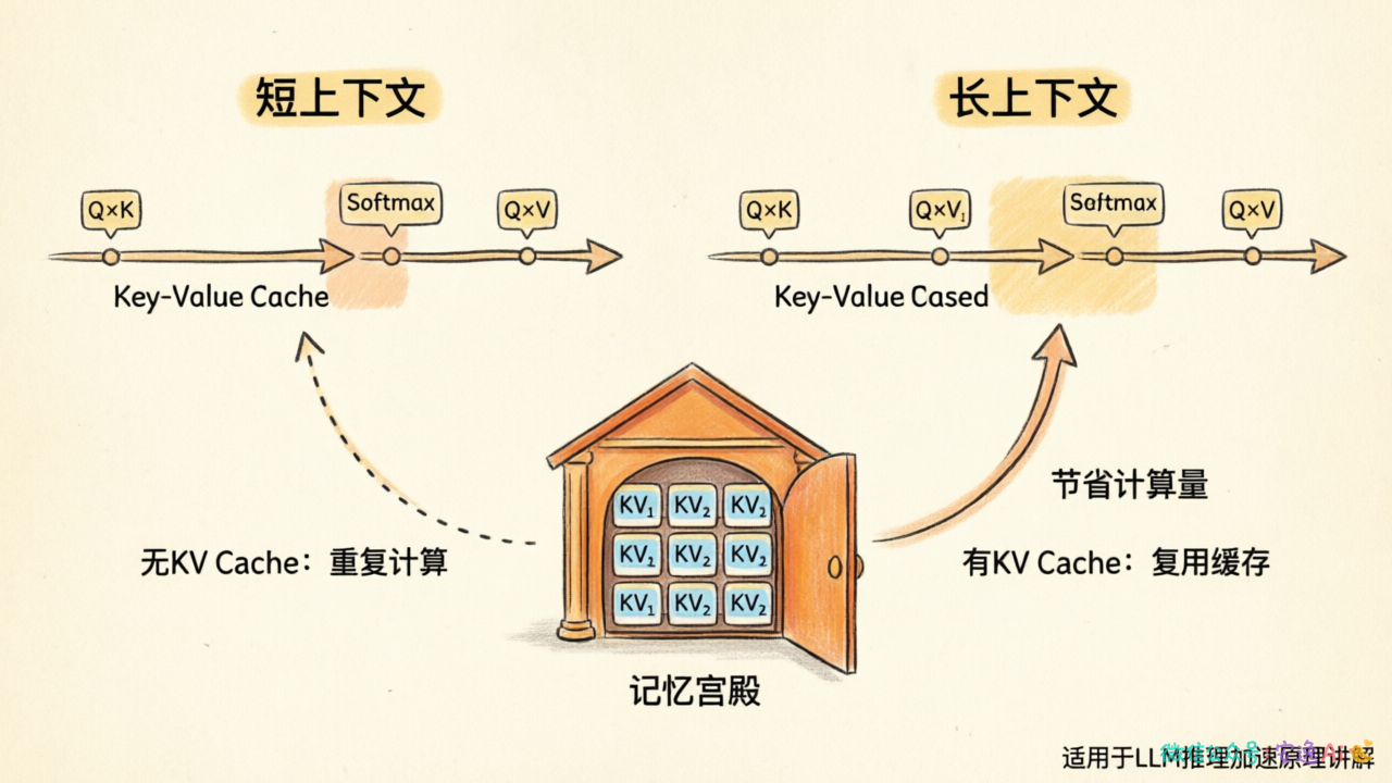 短上下文与长上下文的计算量对比图,以及KV Cache如何减少重复计算的示意,展示"记忆宫殿"机制