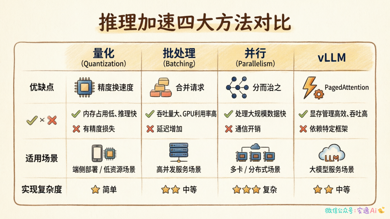 推理加速方法对比表,横向列出量化、批处理、并行、vLLM,纵向列出优缺点、适用场景、实现复杂度