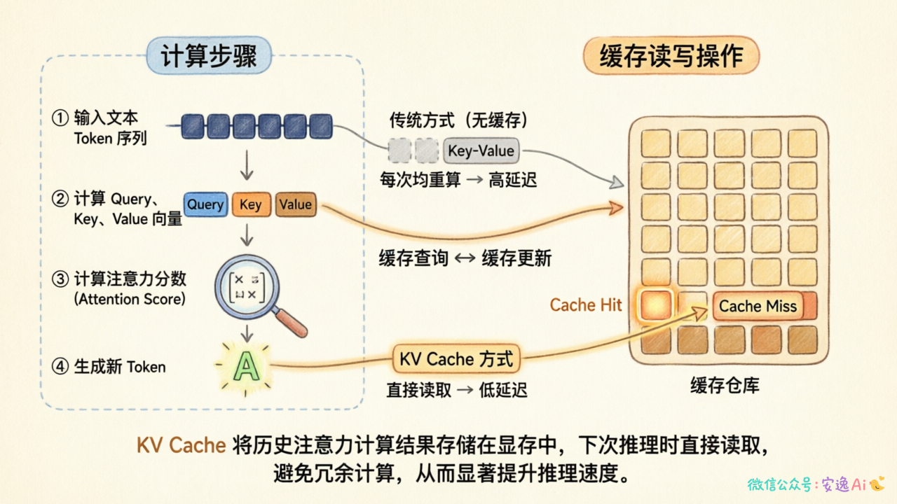 KV Cache的存储和复用机制流程,左侧标注计算步骤,右侧标注缓存读写操作