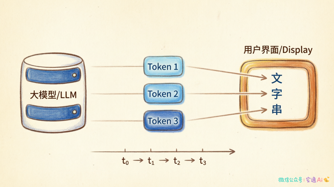 模型逐 token 生成并触发推送的示意图,展示 token1→token2→token3 的顺序产出
