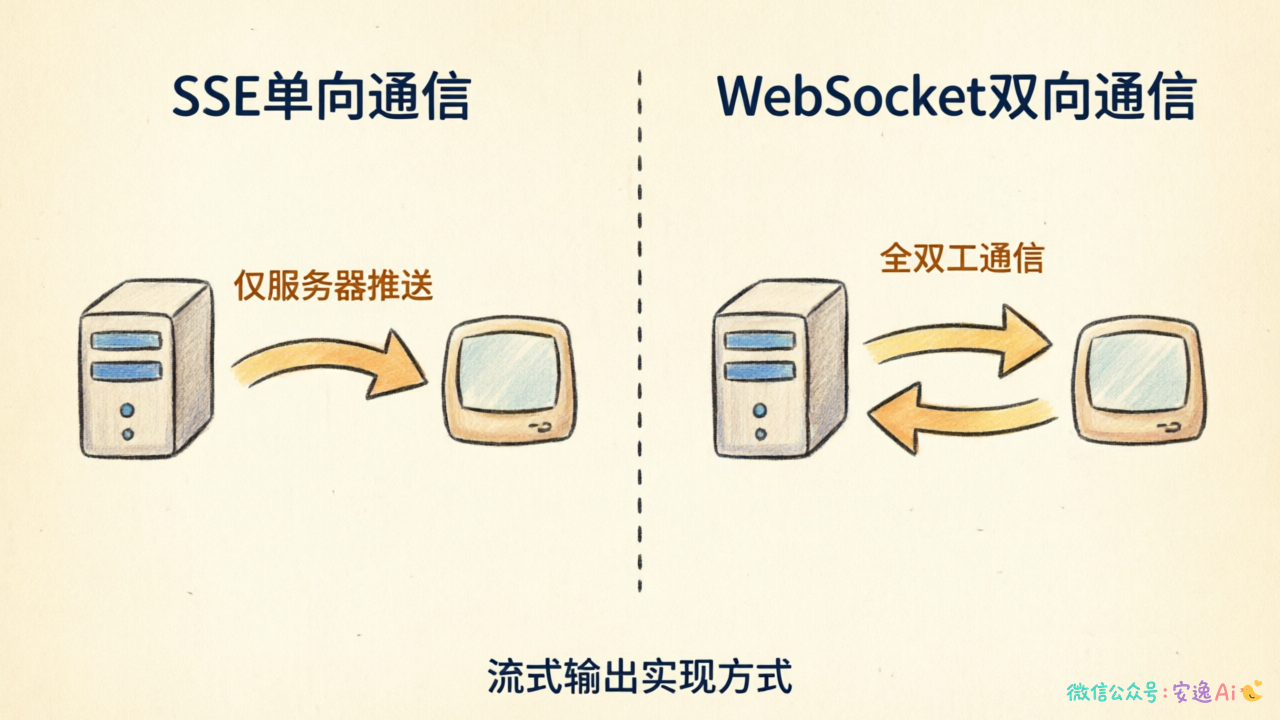 两种协议的通信模式对比图,SSE单向箭头 vs WebSocket双向箭头