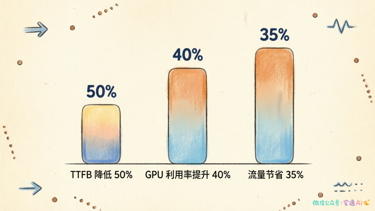 三个性能指标柱状图,展示TTFB降低50%、GPU利用率提升40%、流量节省35%