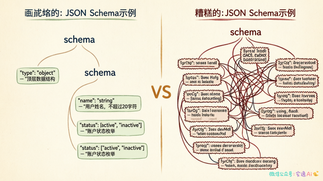 左侧是一个优秀的Schema示例,字段少而清晰,有明确的description,使用枚举值,嵌套不超过2层;右侧是一个糟糕的Schema示例,字段多达20多个,嵌套深度达到6层,description缺失或模糊。两边形成鲜明对比