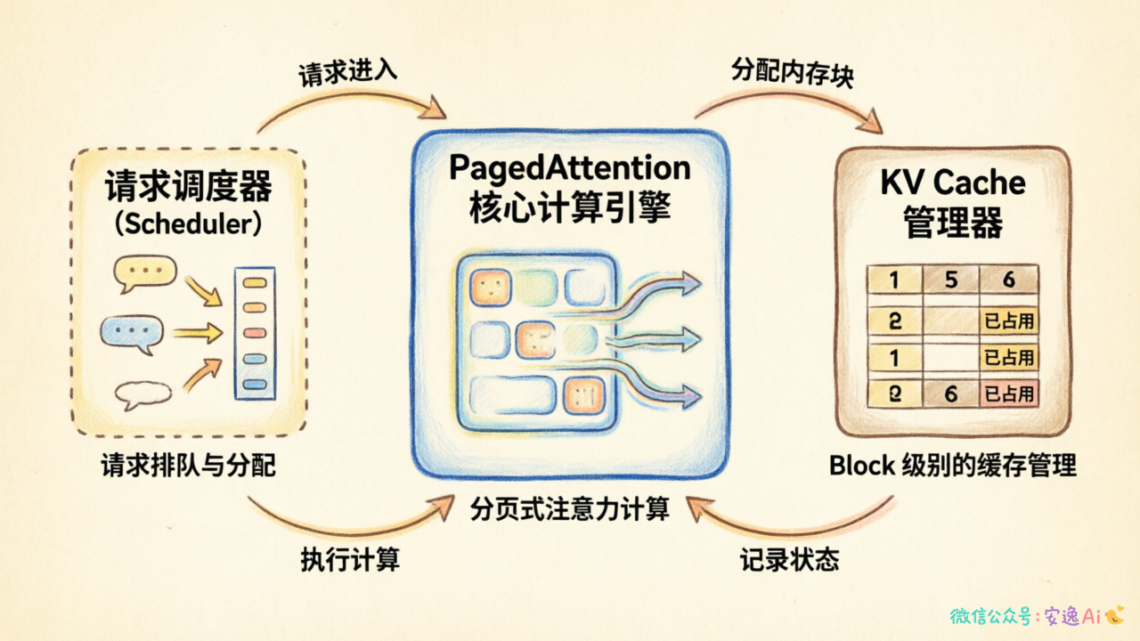 vLLM 内部架构图,包含 PagedAttention、KV Cache 管理器、调度器的协作流程