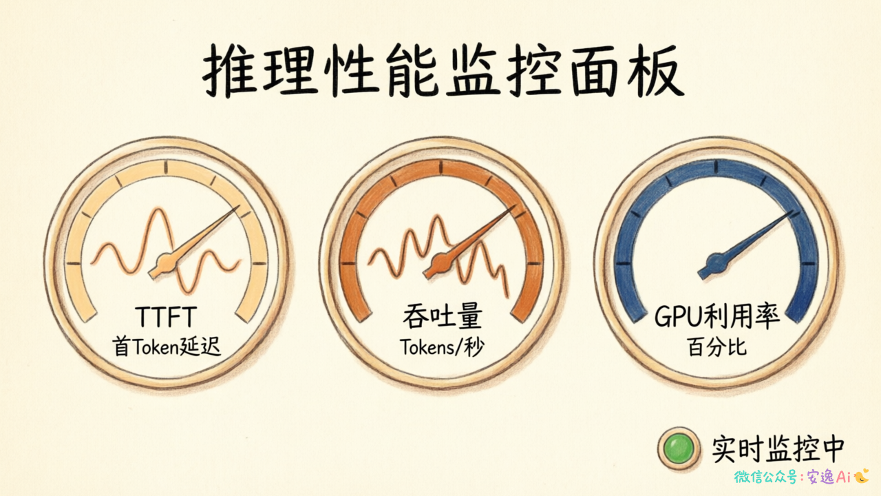 监控指标仪表盘,展示 TTFT、吞吐量、GPU 利用率三个核心指标的实时监控界面