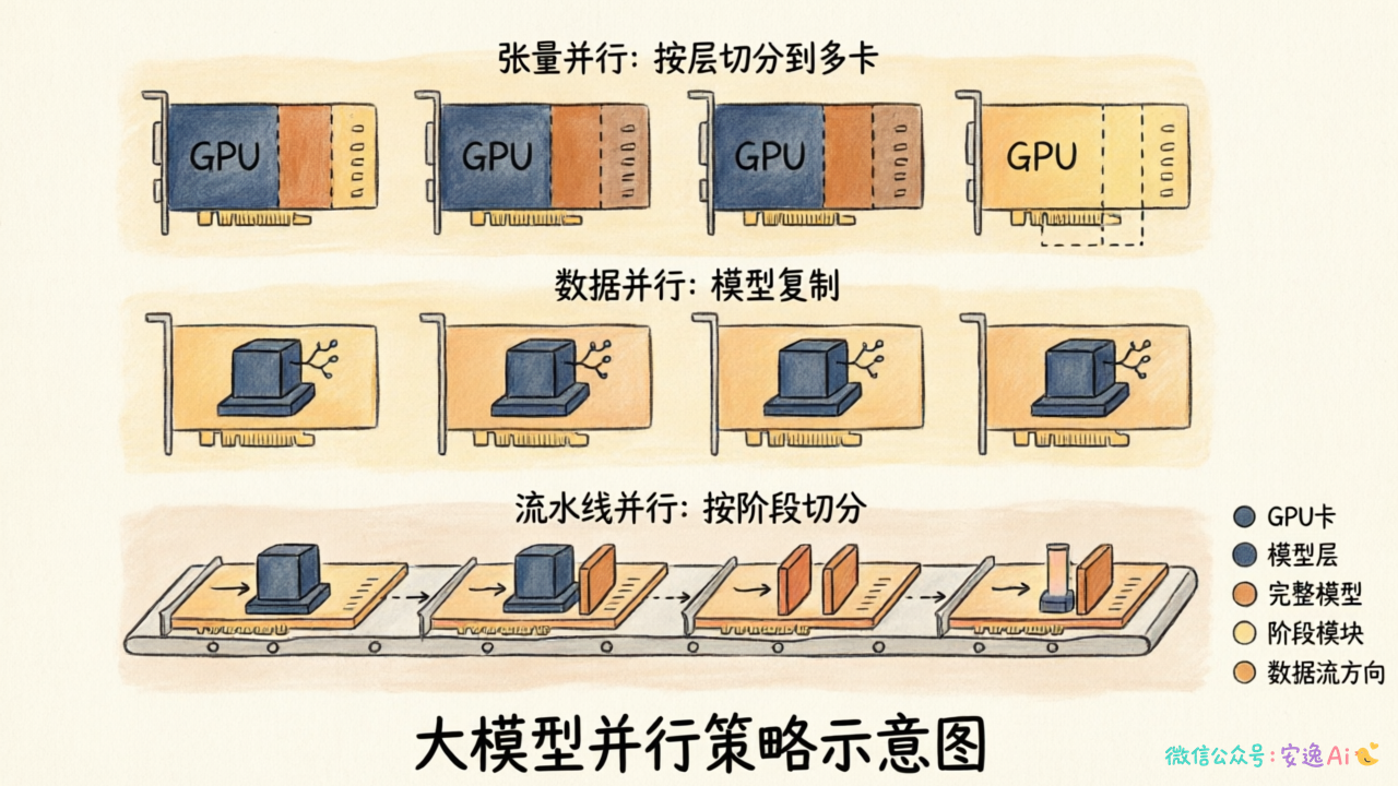 展示张量并行(按层切分到多卡)、数据并行(模型复制)、流水线并行(按阶段切分)的示意图
