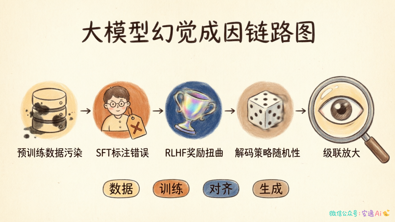 幻觉成因流程图,展示从预训练数据污染→SFT标注错误→RLHF奖励扭曲→解码策略随机性→级联放大的完整链路