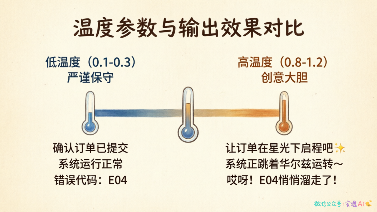 温度参数与输出效果对比表,展示低温度(严谨保守)到高温度(创意大胆)的渐变效果