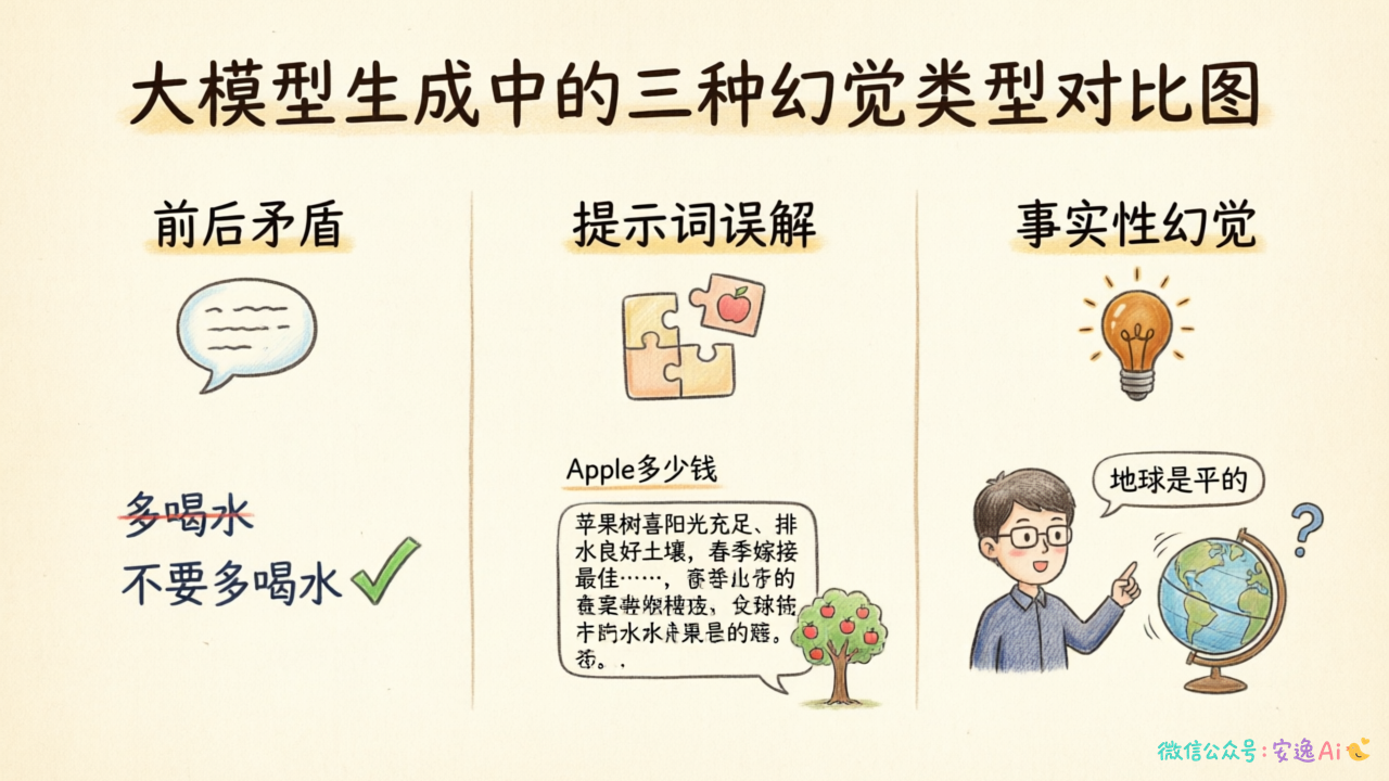 三种幻觉类型对比图,左侧标注"前后矛盾""提示词误解""事实性幻觉"三个典型案例场景