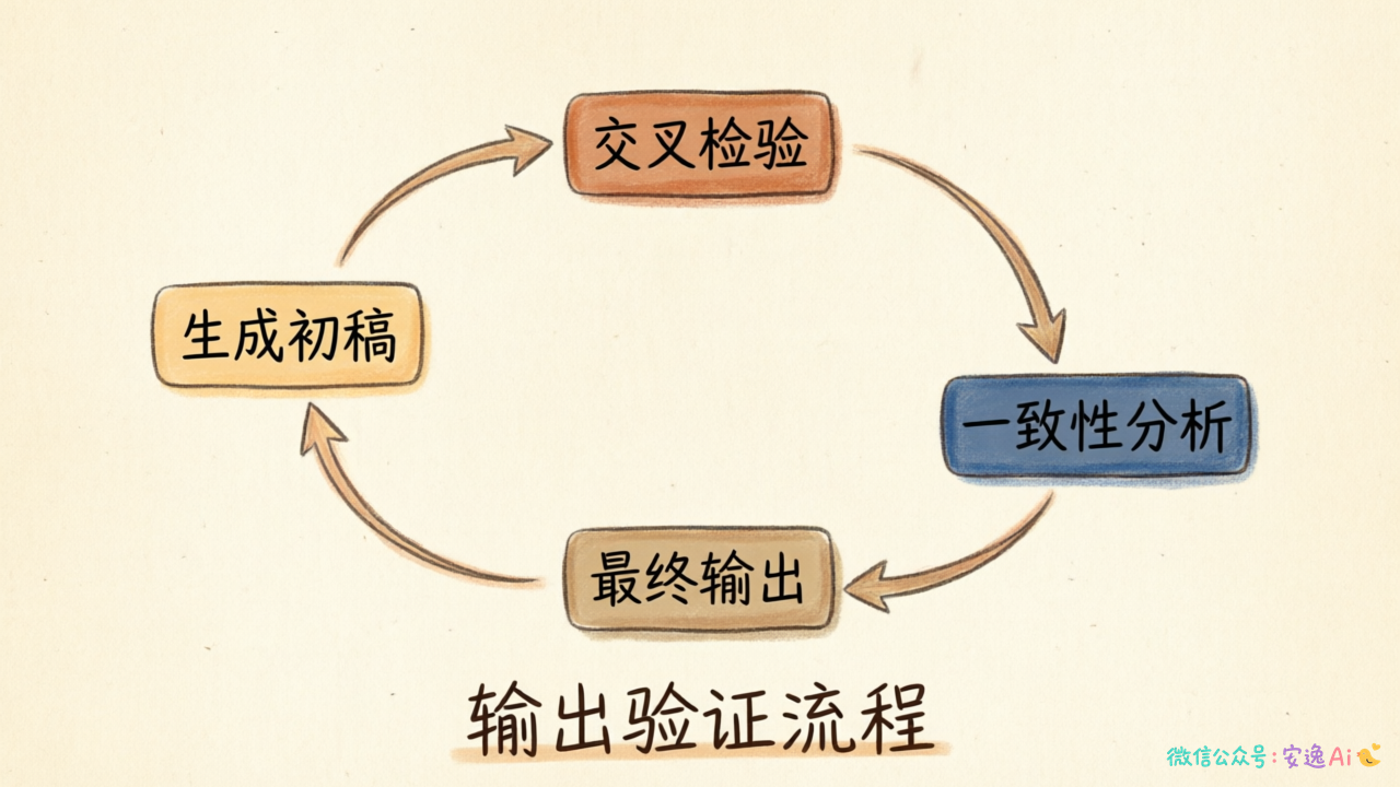 输出验证流程图,展示生成初稿→交叉检验→一致性分析→最终输出的闭环流程