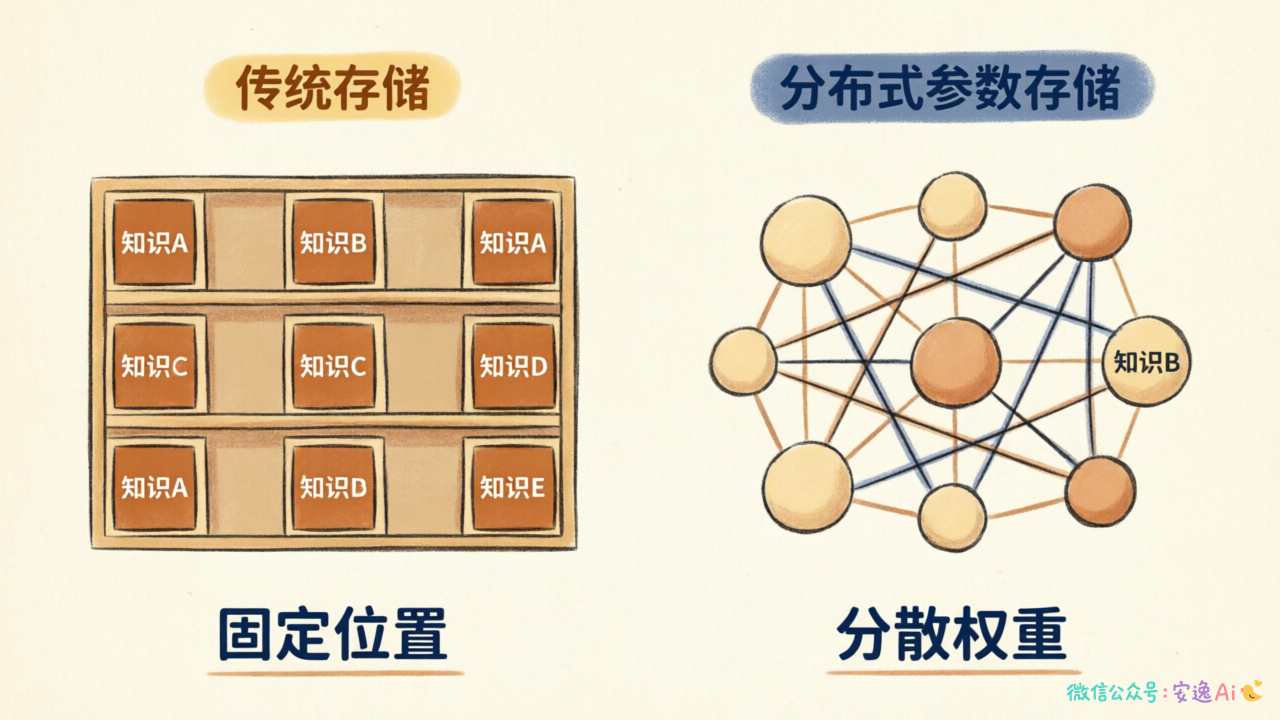 左侧展示传统数据库的存储方式,每个概念对应一个固定位置;右侧展示分布式参数的分散存储网络,每个概念由多个节点的连接权重表示