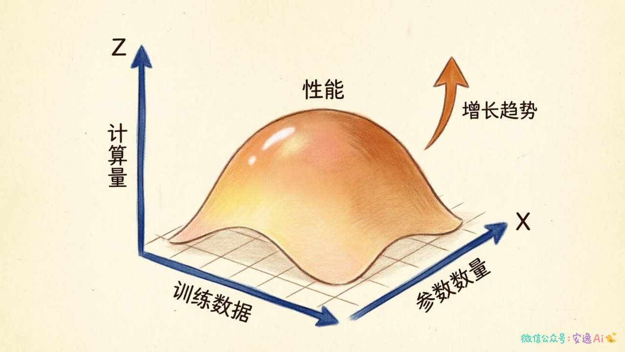 三维坐标图,三个轴分别标注"参数数量"、"训练数据"、"计算量",中间有一个曲面代表"性能",曲面随着三个维度同时增大而上升
