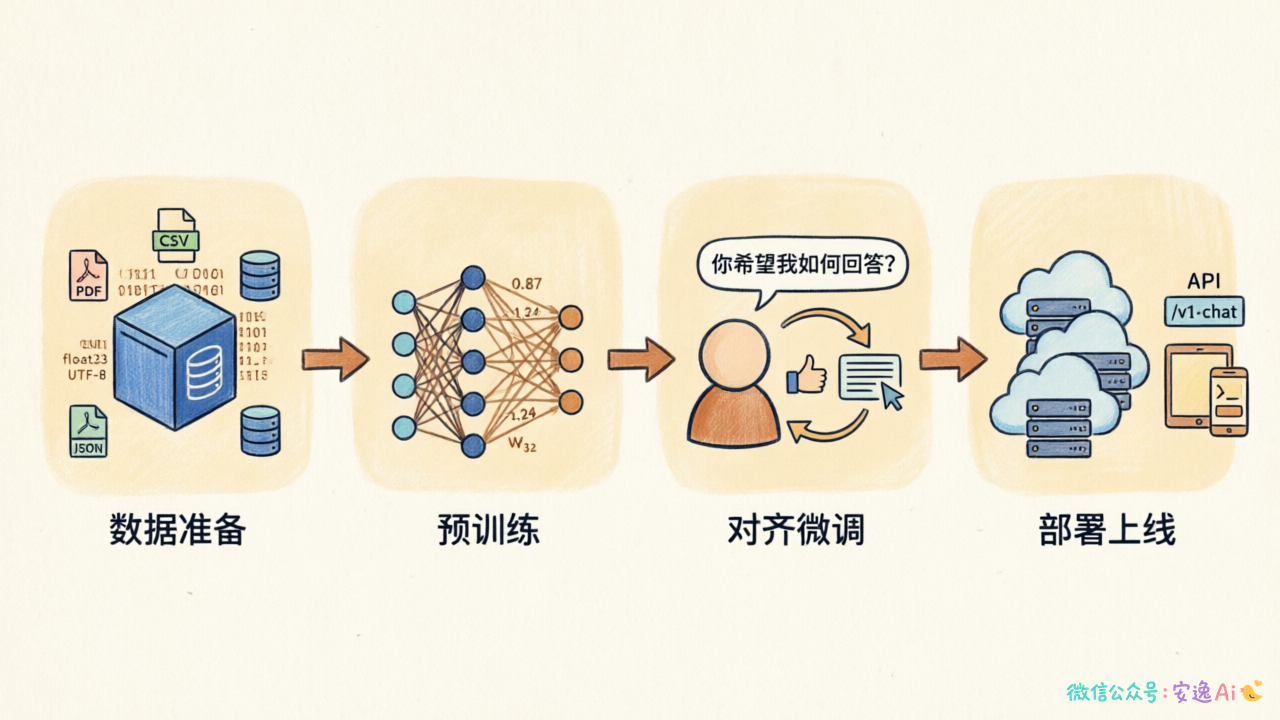 流程图从左到右展示四个阶段:左侧是一个巨大的数据仓库图标(数据准备)→ 中间是一个神经网络图标(预训练)→ 右侧是一个人说话的气泡图标(对齐微调)→ 最右侧是一个云服务器图标(部署上线)