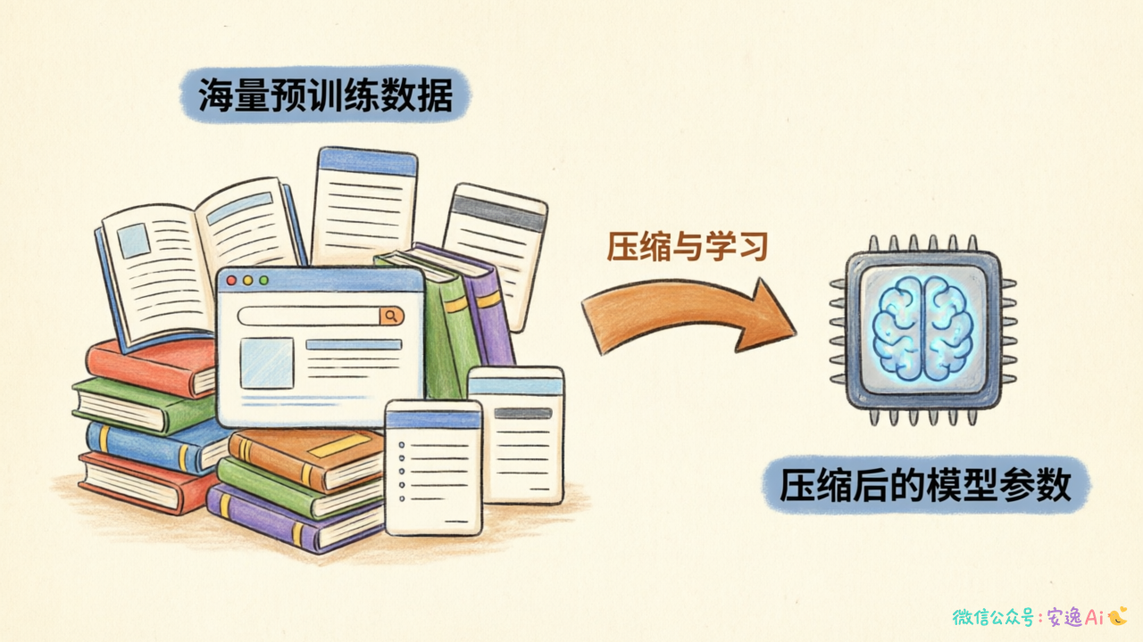 左边是海量书籍和网页代表训练数据,右边是一个大脑图标代表压缩后的模型参数