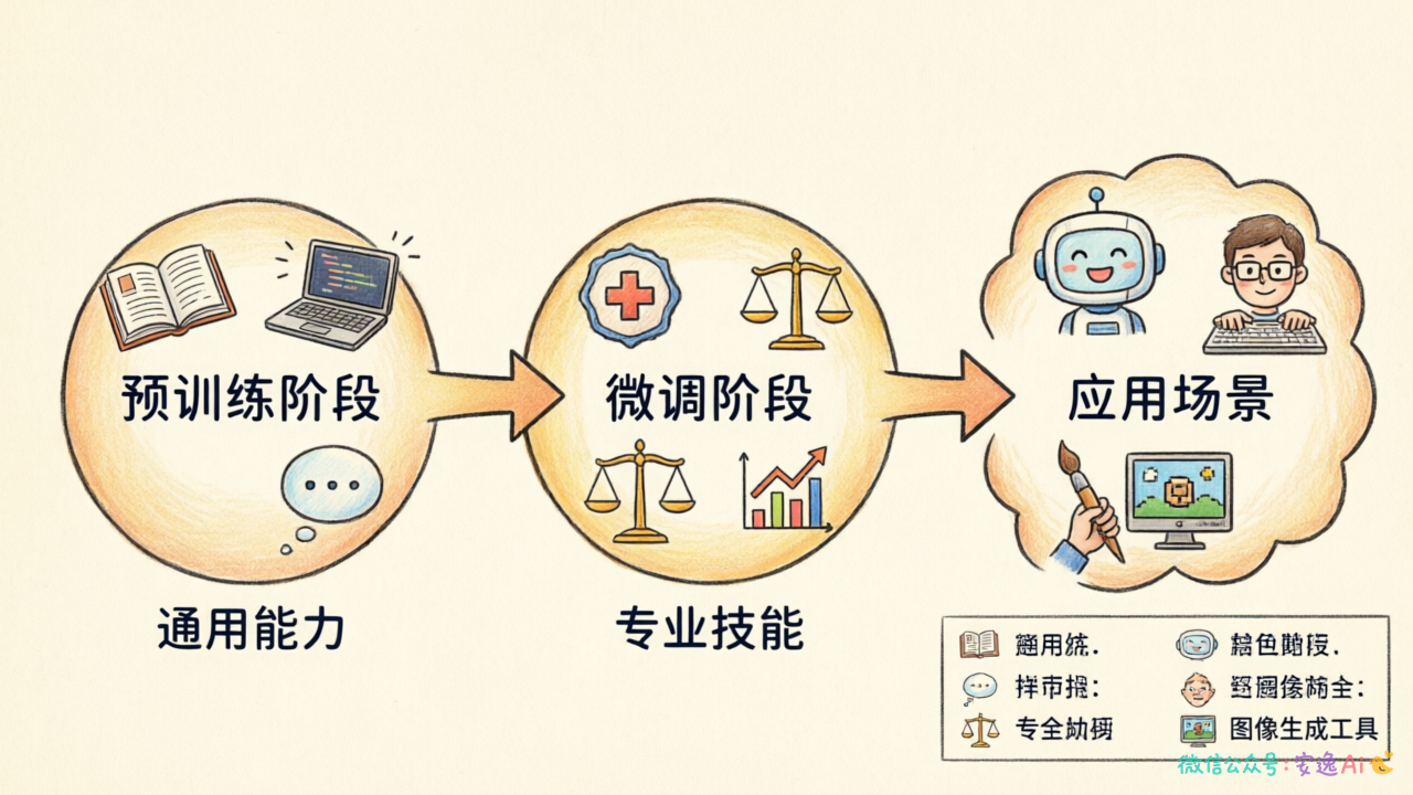 预训练阶段标注"通用能力",连接箭头指向微调阶段,标注"专业技能",最后指向具体应用场景