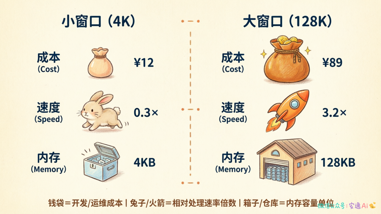 双列对比表,左列"小窗口(4K)"右列"大窗口(128K)",行标题为成本、速度、内存三行,用图标和数据填充