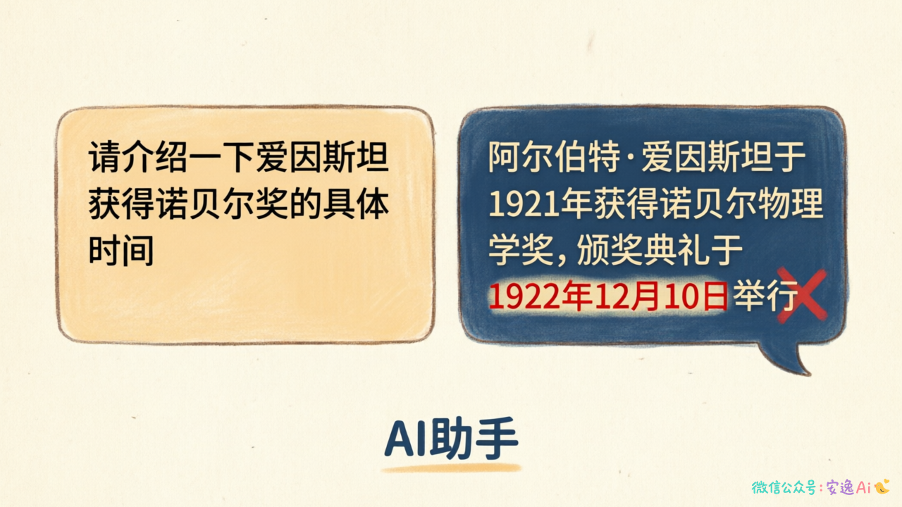 AI对话截图,用户问"请介绍一下爱因斯坦获得诺贝尔奖的具体时间",右边AI给出详细回答,其中一个日期是捏造的,用红色标注错误点