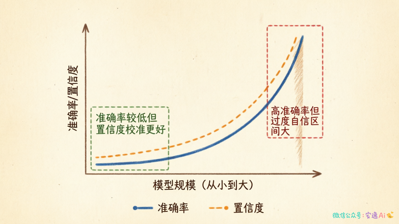 用折线图展示准确率与模型大小的关系,横轴是模型规模,纵轴是准确率,标注显示大模型的准确率高但过度自信区间大,小模型准确率较低但置信度校准更好