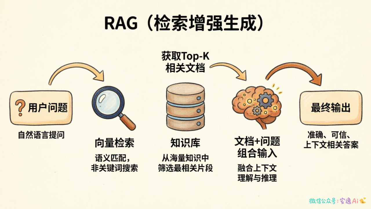 用架构图展示RAG系统流程,用户问题→检索模块→从知识库获取相关文档→将文档和原问题一起输入大模型→最终输出答案,用箭头清晰连接