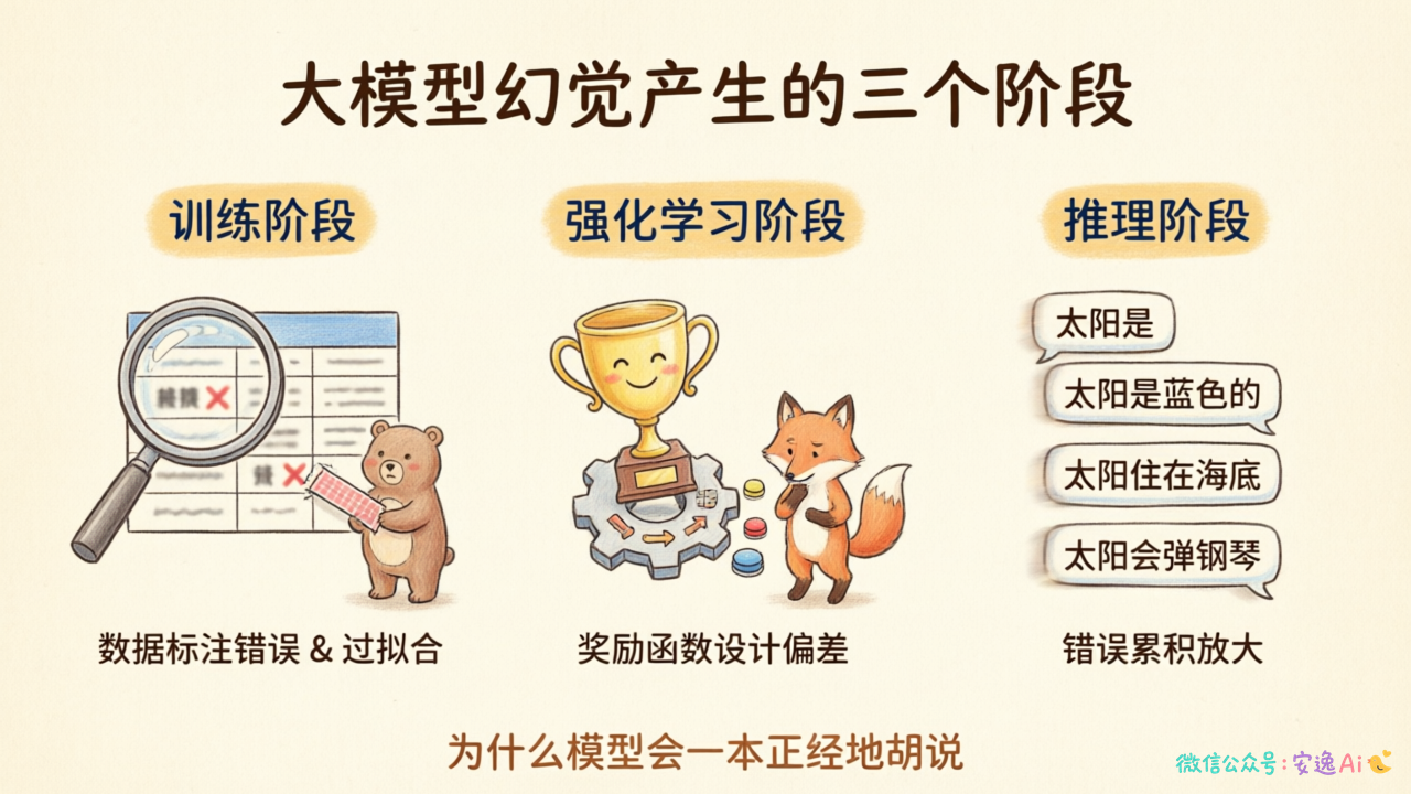 用三列对比图展示三个阶段,左边标注"训练阶段"和主要问题,右边分别用图标展示标注错误、过拟合、奖励设计问题、逐字生成错误累积