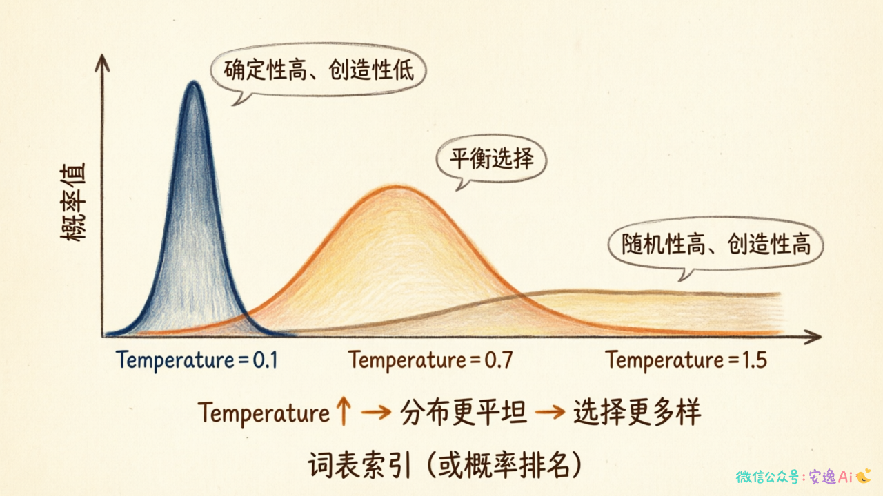 不同Temperature值下的概率分布曲线变化对比