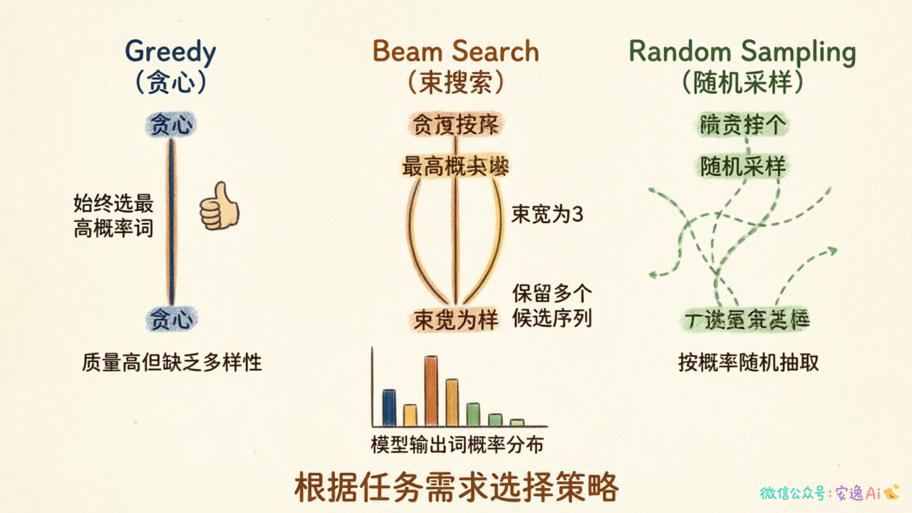 三种采样策略(贪心、Beam Search、随机采样)的选词方式对比