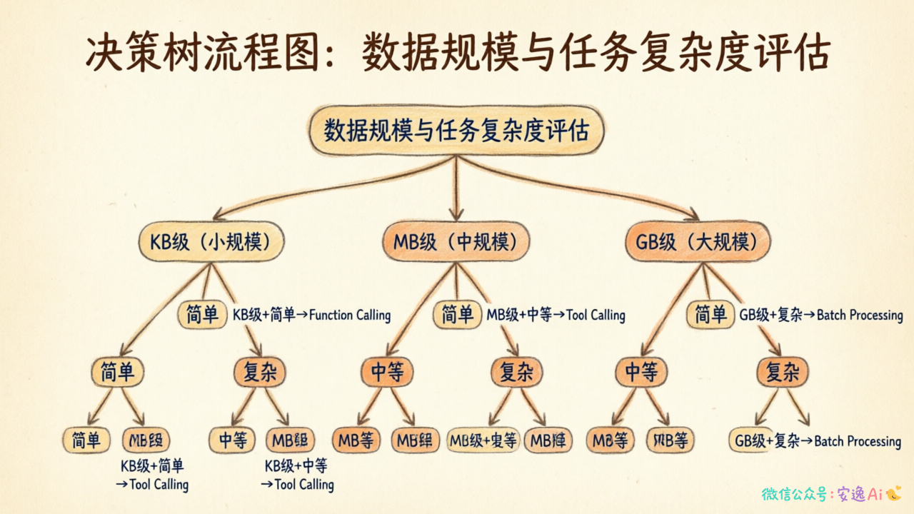 场景选择决策树,根据数据规模(KB/MB/GB)和任务复杂度指导选择对应模式