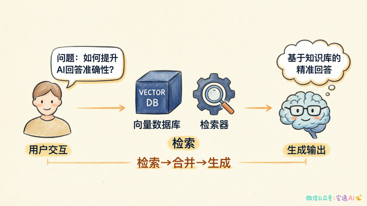 RAG系统三大组件架构图,左侧用户提问,中间向量数据库+检索器,右侧大模型生成回答,箭头标注"检索→合并→生成"三步流程
