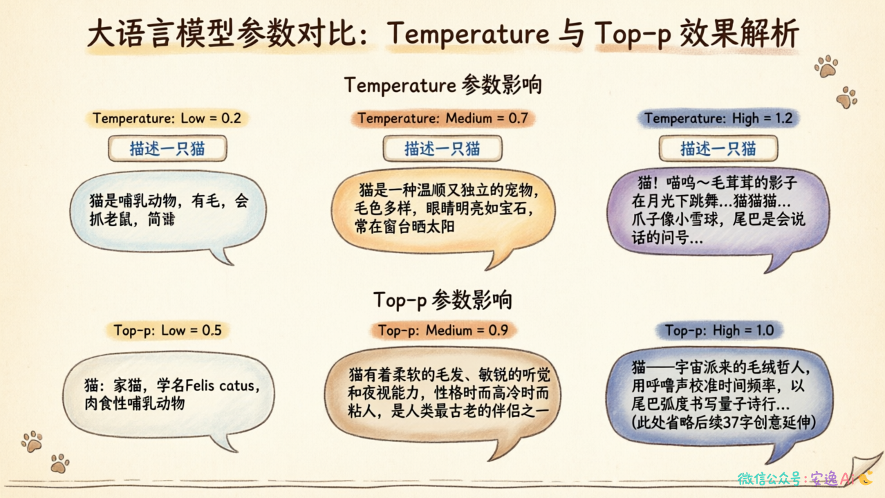 不同Temperature/Top-p参数下的输出效果对比示意