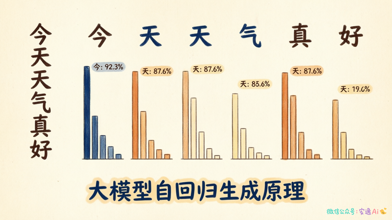 大模型逐词预测"今天天气真好"的过程图,每步显示概率分布