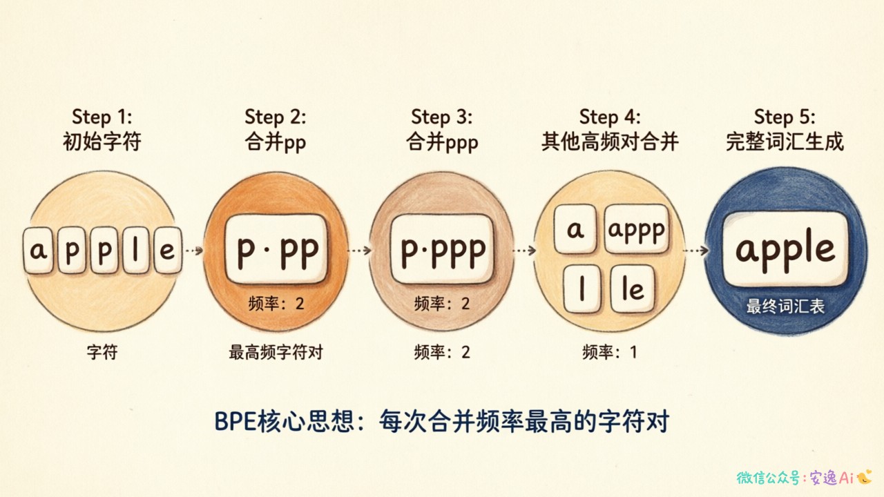 BPE算法从字符"a p p l e"开始迭代合并到最终词汇的5步流程