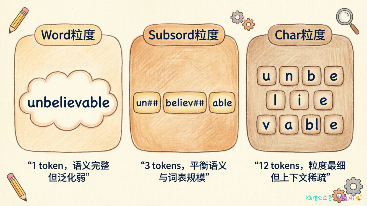 同一英文句子"unbelievable"在word/subword/char三种粒度下的切分对比