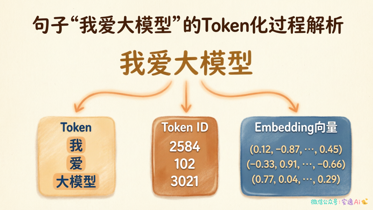 句子"我喜欢大模型"被切分为Token并映射到ID和向量的示意图