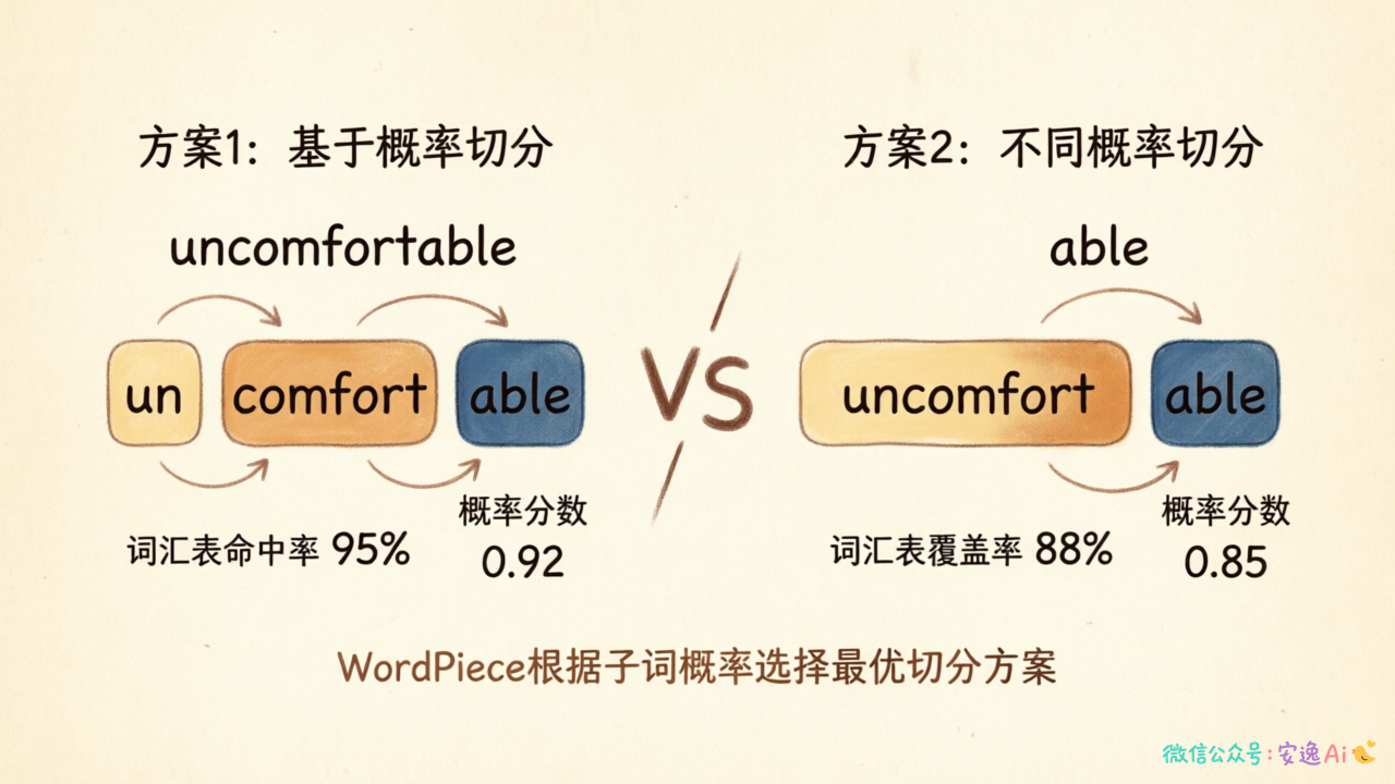 WordPiece对"uncomfortable"基于概率决定是否切分的两种方案对比