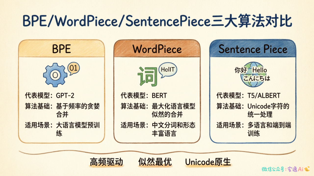 BPE/WordPiece/SentencePiece三大算法的代表模型、算法基础、适用场景一览表