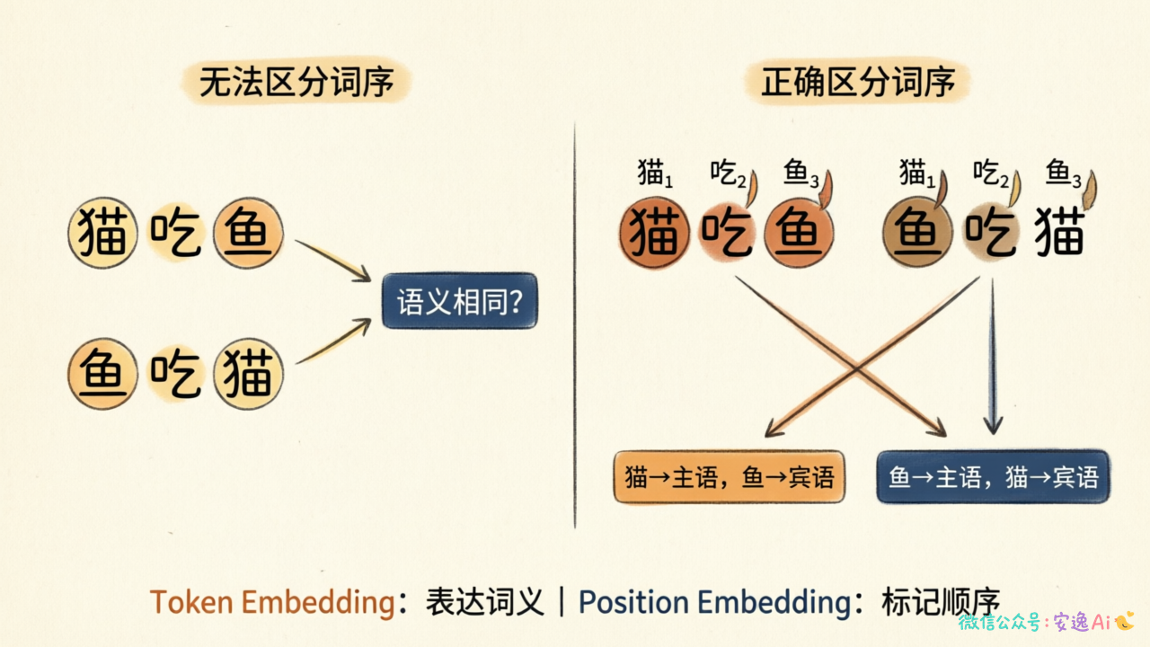 对比图,左侧展示自注意力无法区分"猫吃鱼"和"鱼吃猫"的示意,右侧展示加入位置编码后正确区分词序的效果
