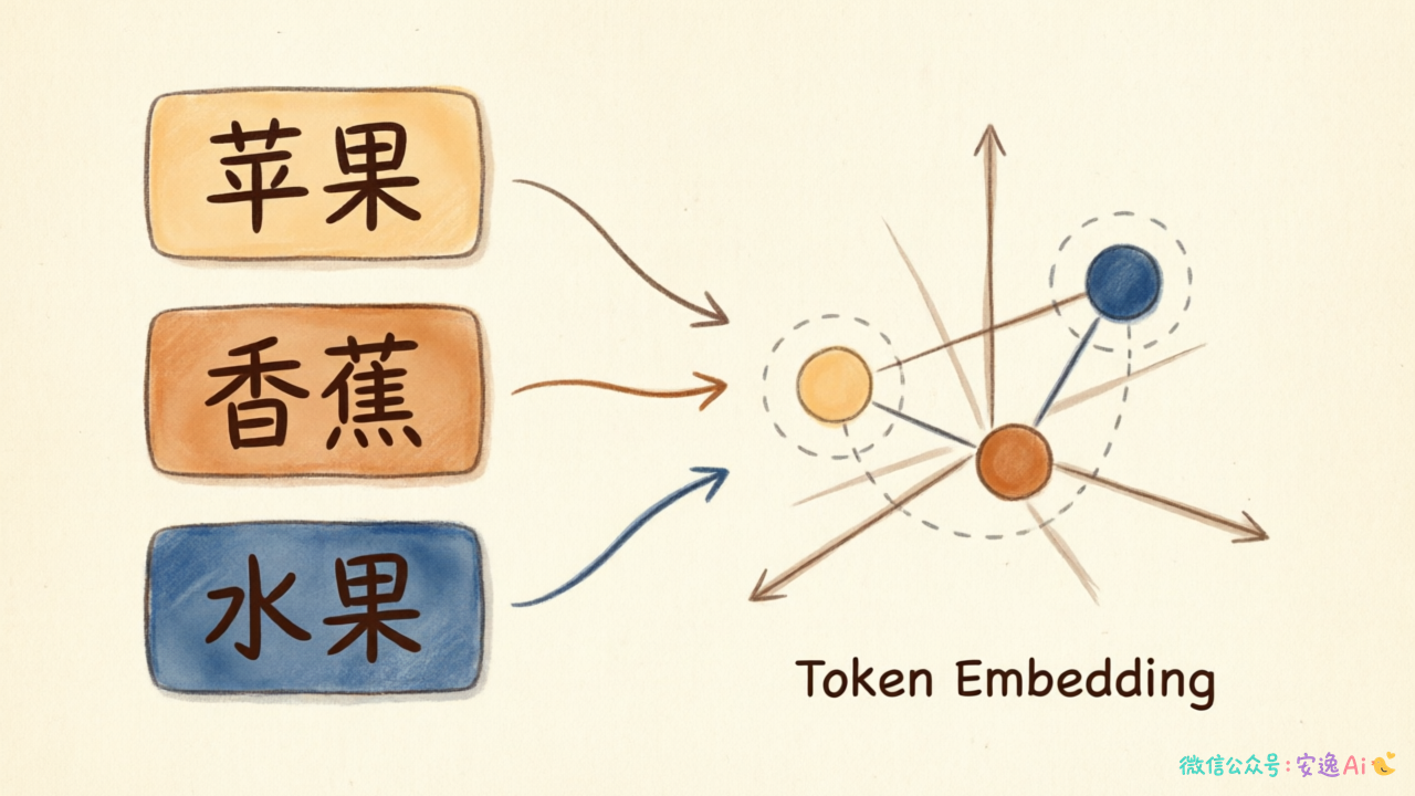 词语"苹果"从原始文本符号映射到512维向量的示意图,旁边标注"香蕉""水果"等语义相近的词向量在向量空间中的距离关系